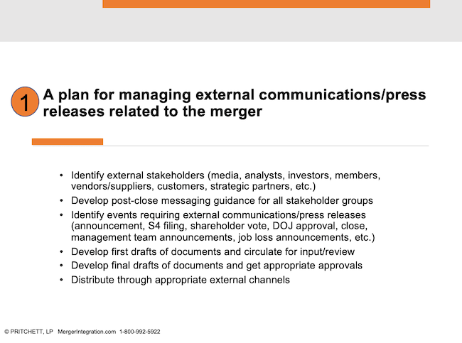 A plan for managing external communications/press releases related to the merger